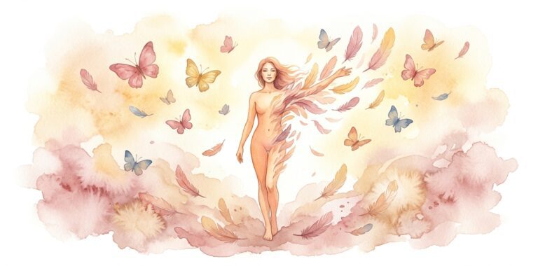 Feminine figure in a dream mid-transformation with one arm dissolving into feathers as butterflies drift around her