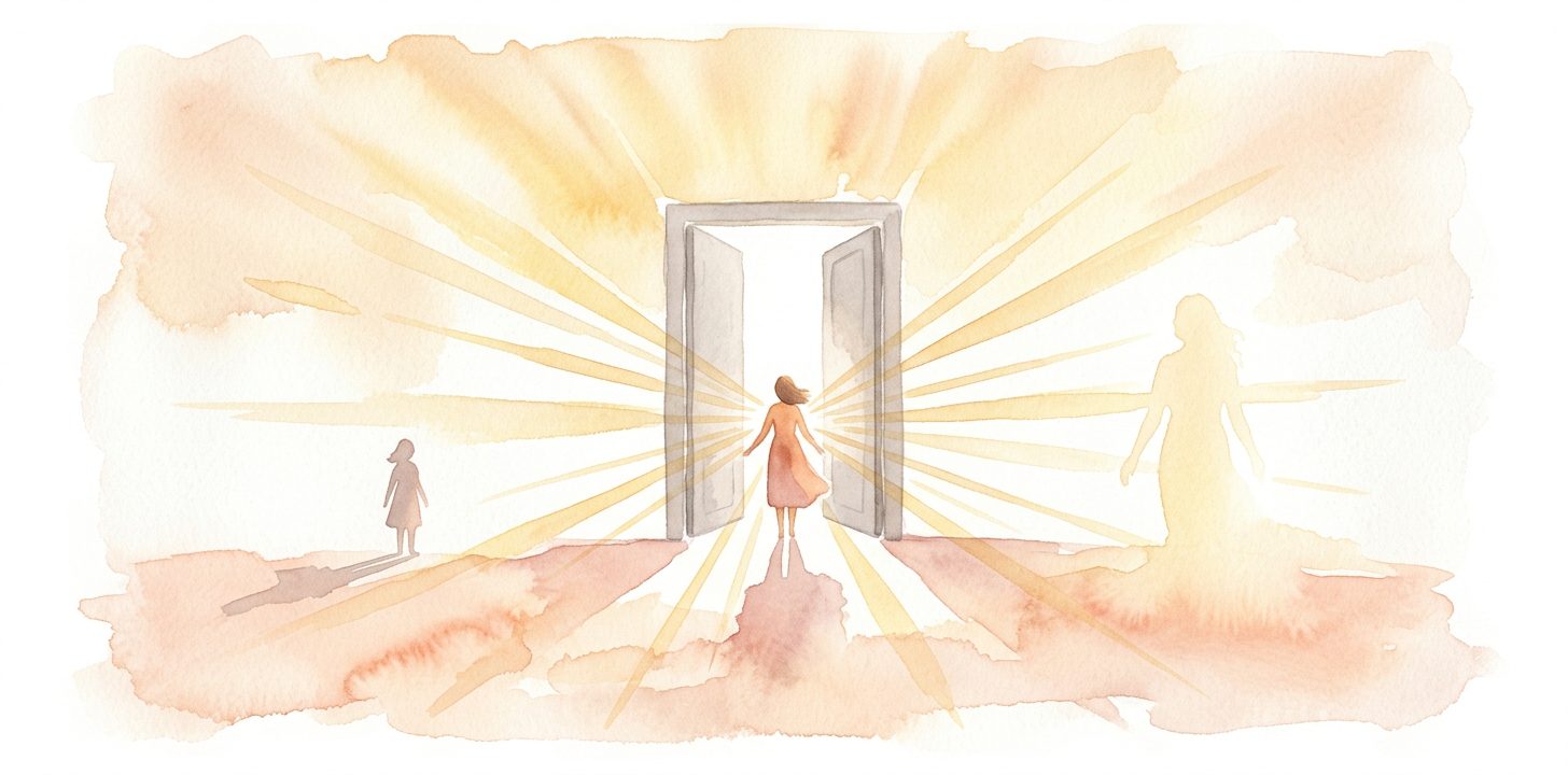 Small feminine figure in a dream standing in an enormous doorway as golden rays extend outward suggesting expanding presence