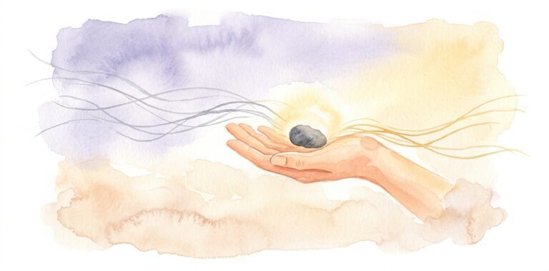 Open palm in a dream holding a small dark stone as soft light gently lifts it away from the hand