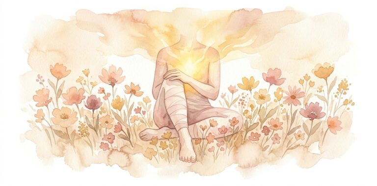 Figure in a dream sitting with a bandaged knee as golden light radiates from the chest and wildflowers grow around