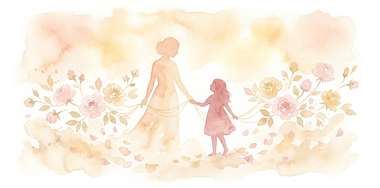 Mother and child silhouettes in a dream connected by soft golden threads between their hands as roses bloom around them