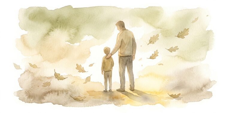 Tall figure in a dream resting a hand on a smaller figure's shoulder as oak leaves drift around them