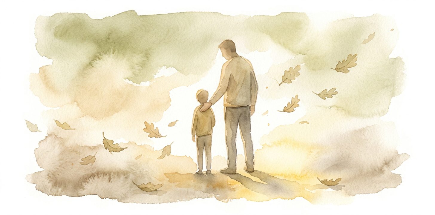 Tall figure in a dream resting a hand on a smaller figure's shoulder as oak leaves drift around them