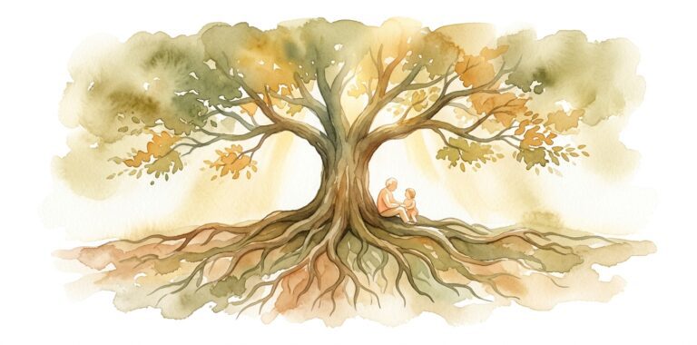 Árbol antiguo en un sueño con raíces profundas y extendidas mientras abuelo y nieto se sientan juntos a su base