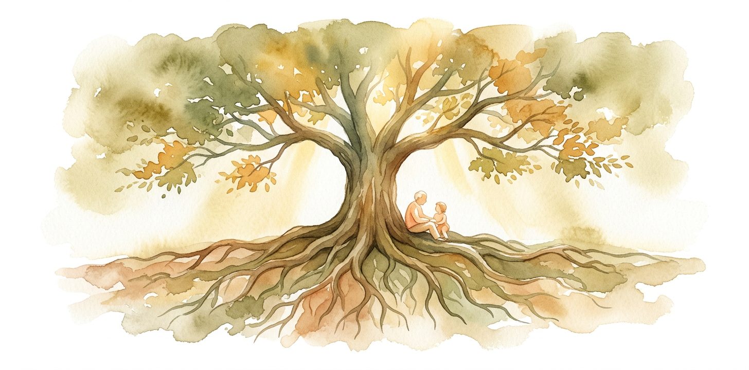 Old tree in a dream with deep spreading roots as a grandparent and grandchild sit together at its base