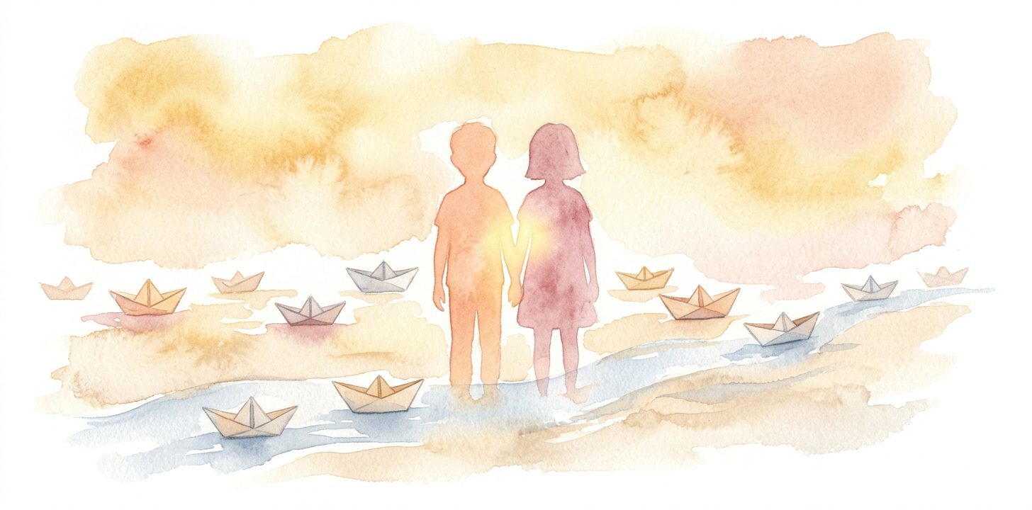 Two sibling figures in a dream standing side by side with overlapping silhouettes as paper boats drift in a stream