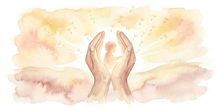 Protective hands in a dream cupping a small glowing child figure with dandelion seeds drifting upward around them