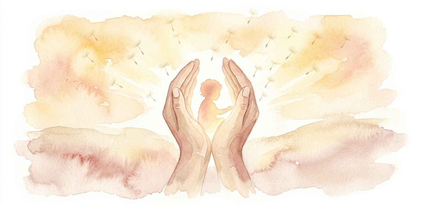 Protective hands in a dream cupping a small glowing child figure with dandelion seeds drifting upward around them