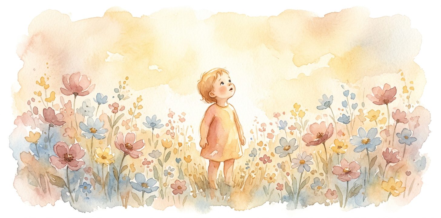 Stranger child in a dream standing alone in a field of soft wildflowers looking upward as warm golden light falls