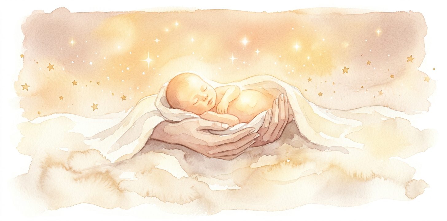 Manos delicadas en un sueño acunando a un pequeño bebé dormido envuelto en una manta suave mientras diminutas estrellas flotan arriba