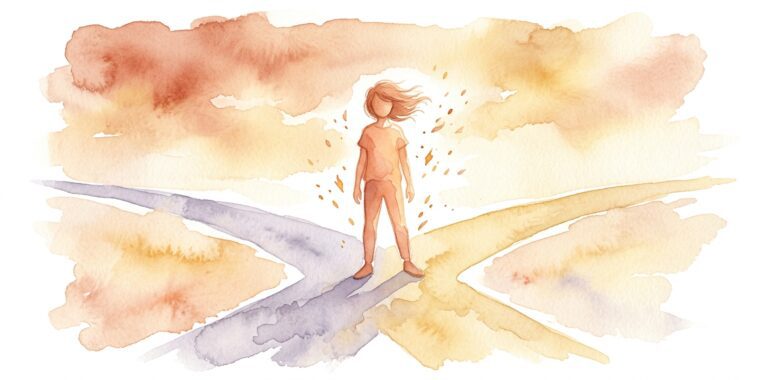 Figura joven en un sueño de pie en un cruce con dos senderos divergentes mientras cálidas chispas de luz la rodean