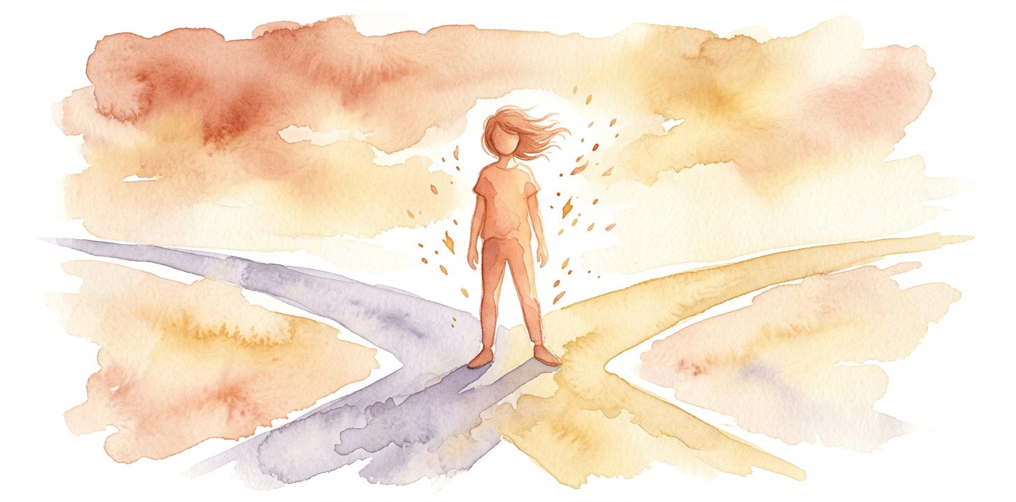 Figura joven en un sueño de pie en un cruce con dos senderos divergentes mientras cálidas chispas de luz la rodean