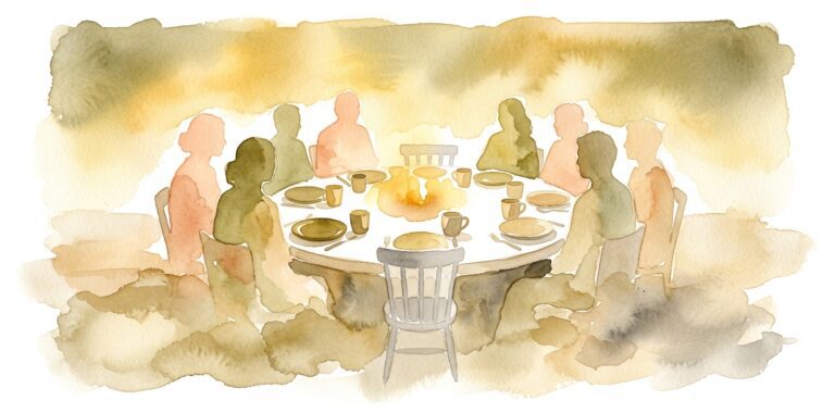 Round table in a dream surrounded by seated silhouettes with one empty chair and a warm glow at the center