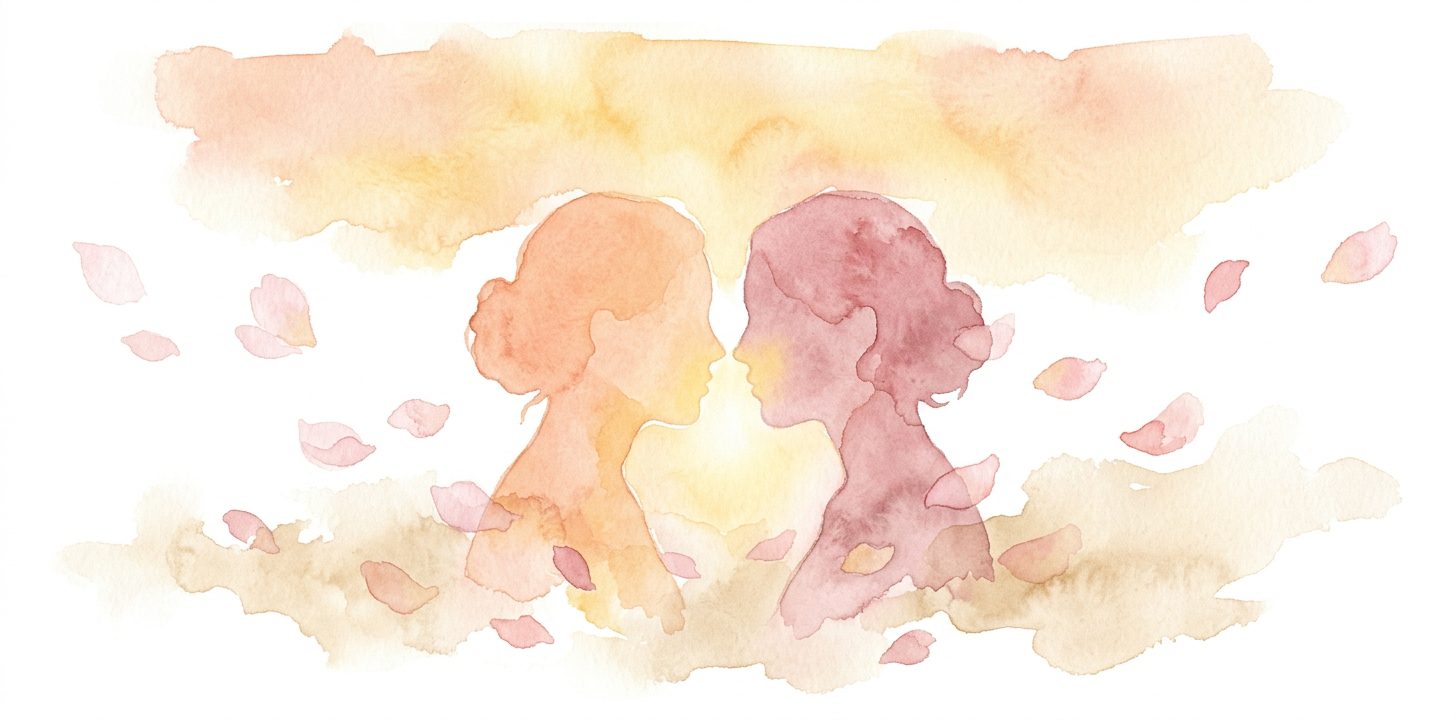 Two silhouettes in a dream facing each other with a soft golden glow between them as pale pink petals drift around