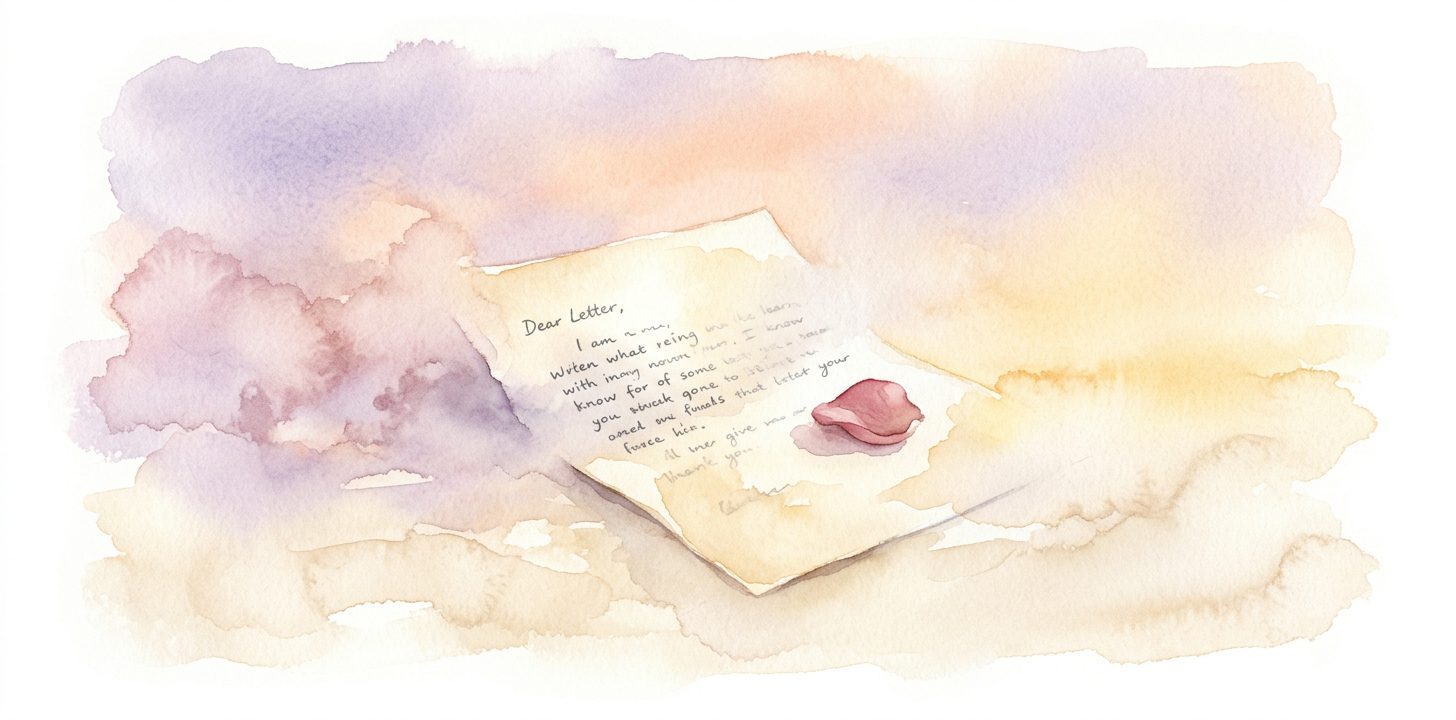 Unfinished letter in a dream with fading words and a single rose petal resting on it as soft mist drifts past