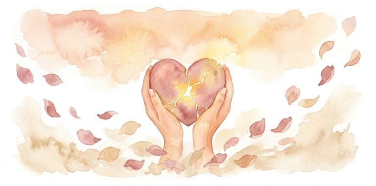 Cracked heart in a dream held by gentle hands with golden light glowing through the seam as petals drift around