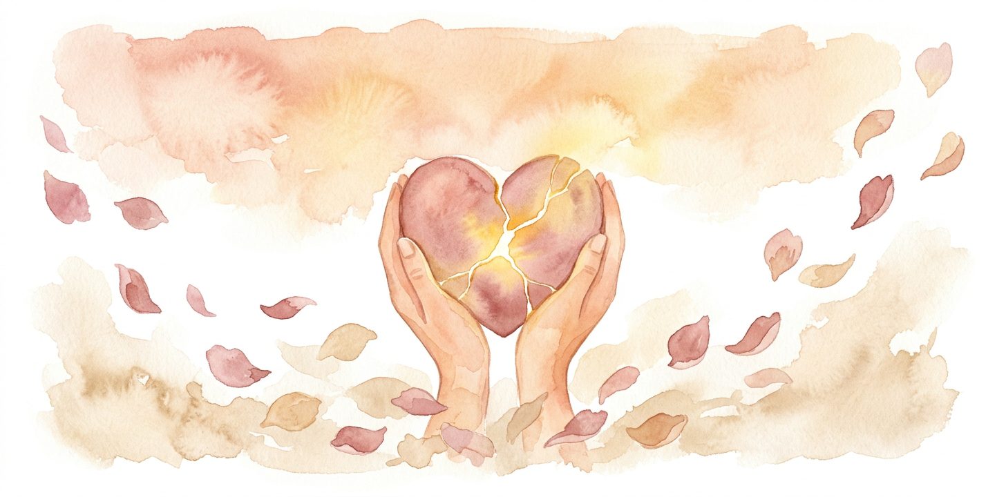 Cracked heart in a dream held by gentle hands with golden light glowing through the seam as petals drift around