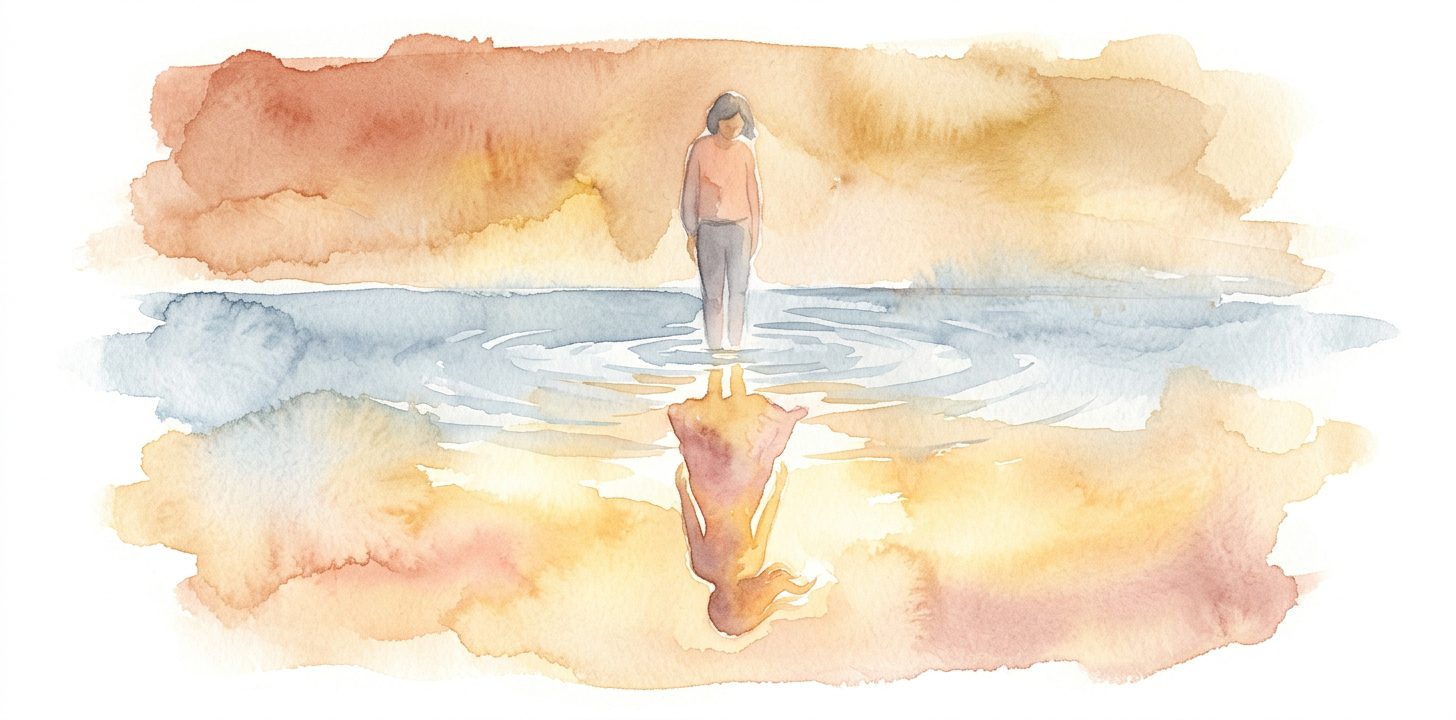 Figure in a dream gazing at their reflection in water as a glowing vibrant version of themselves shimmers below