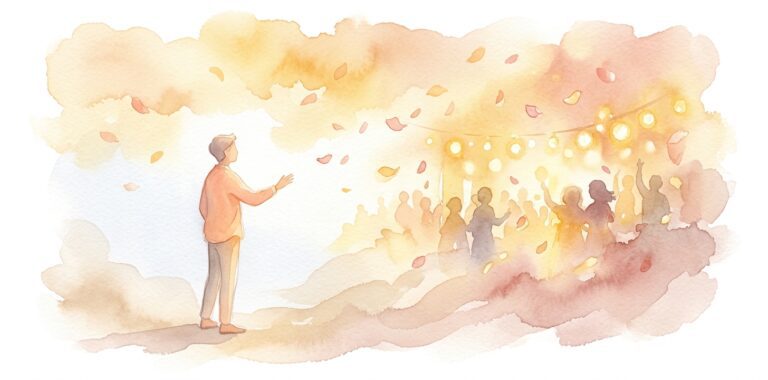 Figure in a dream standing at the edge of a glowing celebration reaching toward warm golden lights with petals drifting around