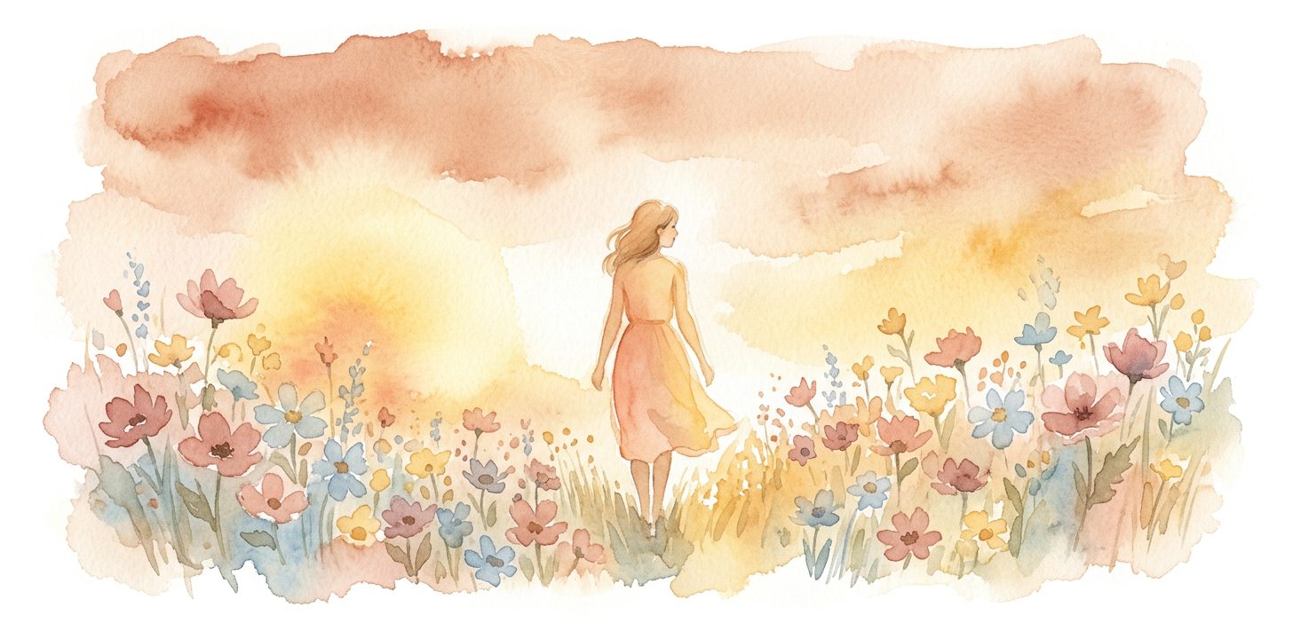 Figure in a dream walking through a wildflower meadow at golden hour glancing back at a fading warm glow