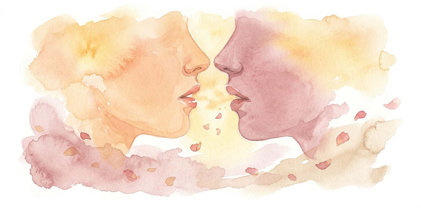 Two profiles in a dream almost touching with a soft golden glow between their lips as petals drift around