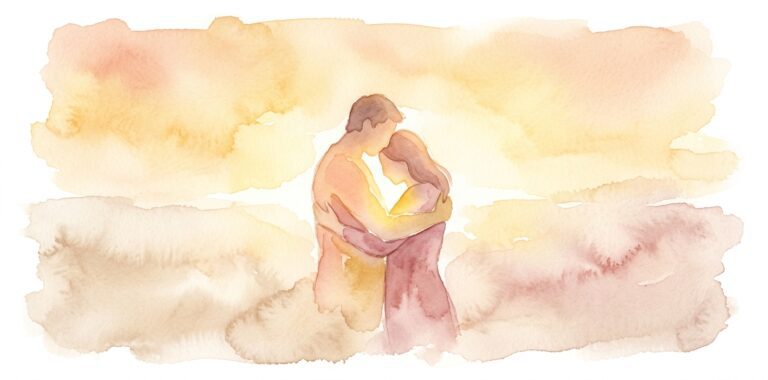 Two figures in a dream gently embracing with a soft golden glow blooming where they meet