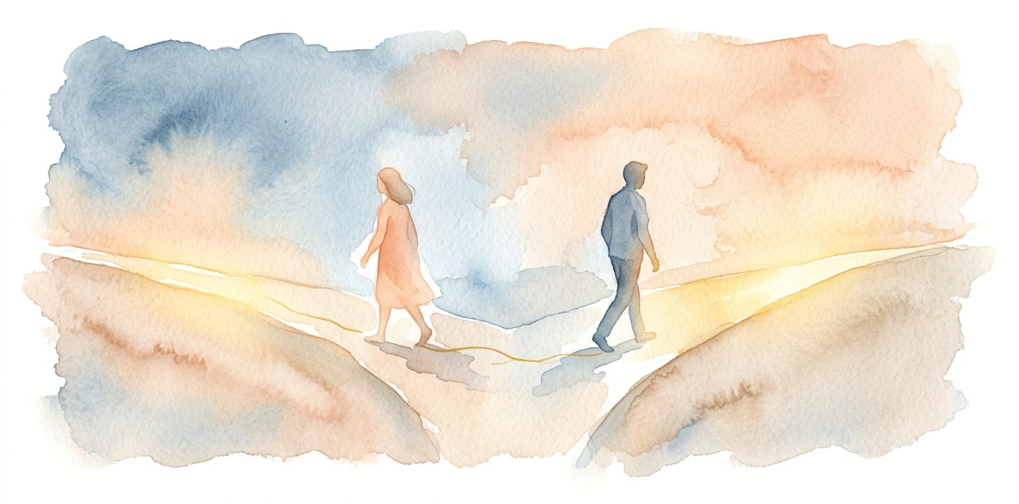 Two figures in a dream walking away on diverging paths with a thin golden thread fading between them