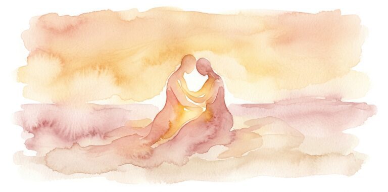 Two intertwined figures in a dream merging into one flowing form with soft golden highlights where they connect