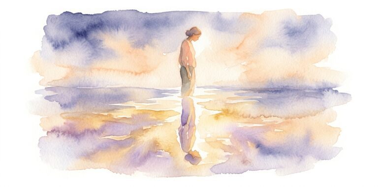 Figure in a dream meeting their own glowing reflection shimmering with soft gold and indigo light