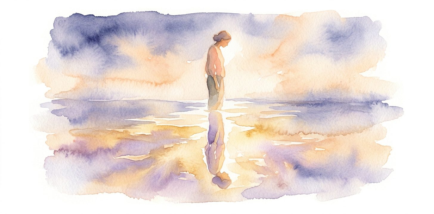 Figure in a dream meeting their own glowing reflection shimmering with soft gold and indigo light