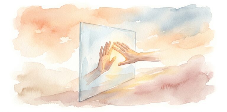 Two hands in a dream pressing against translucent glass with a soft golden glow blooming where they align