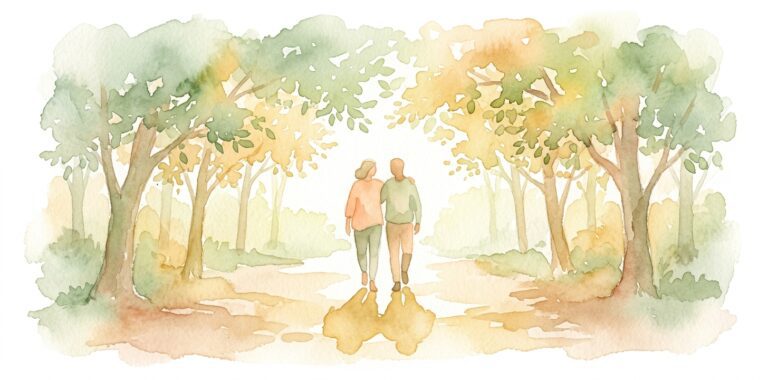 Two friends in a dream walking side by side on a soft path with their shadows merging into a golden glow