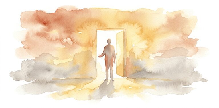 Shadowy figure in a dream standing before a glowing doorway extending a hand as warm golden light pours through behind