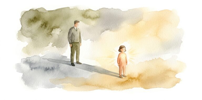 Tall authoritative figure in a dream casting a long shadow over a smaller figure whose chest glows with rising golden light