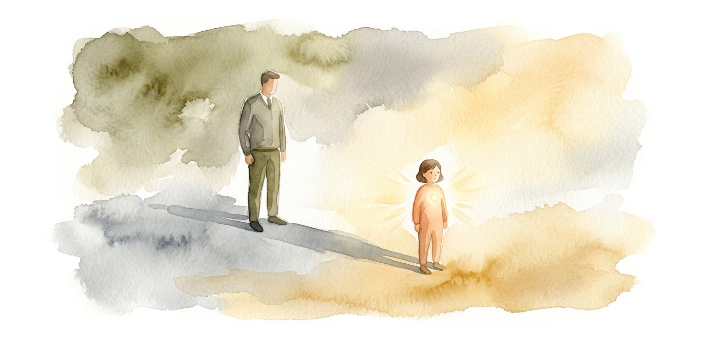 Tall authoritative figure in a dream casting a long shadow over a smaller figure whose chest glows with rising golden light