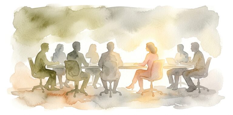 Figures in a dream around a long table with one in warm peach standing slightly apart in soft golden light