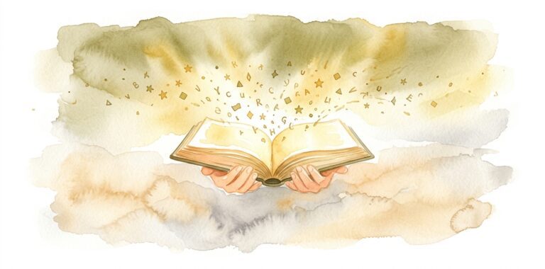 Open glowing book in a dream resting in gentle hands as luminous symbols rise from its pages into warm golden light