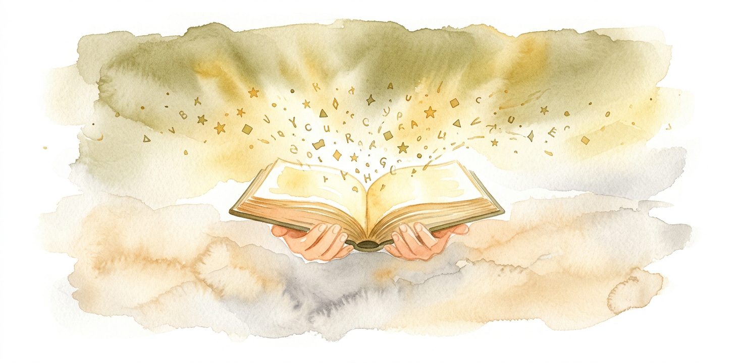 Open glowing book in a dream resting in gentle hands as luminous symbols rise from its pages into warm golden light