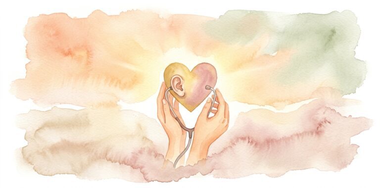 Gentle hands in a dream holding a stethoscope that ends in a small ear pressed to a glowing heart