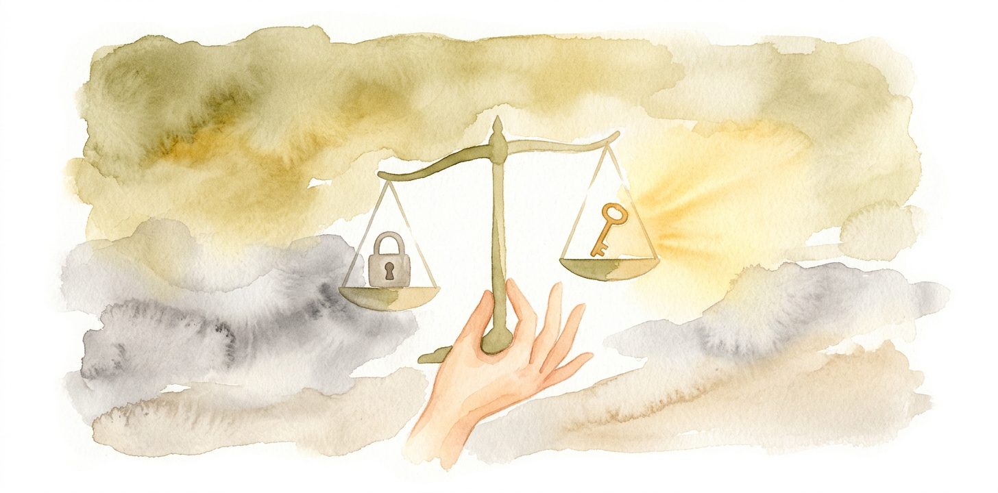 Balanced scales in a dream holding a golden key and a lock as a hand reaches up to adjust them