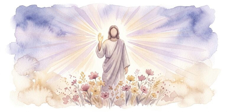 Robed figure in a dream raising one hand in blessing as soft light radiates outward over wildflowers below