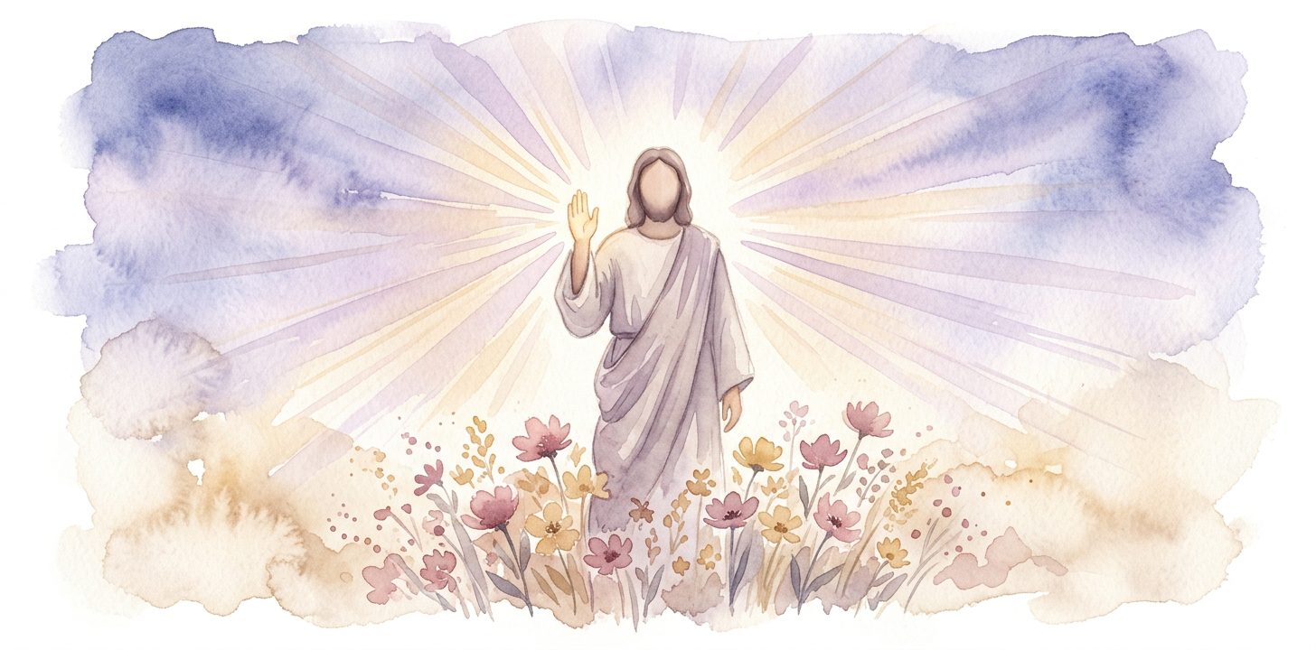 Robed figure in a dream raising one hand in blessing as soft light radiates outward over wildflowers below