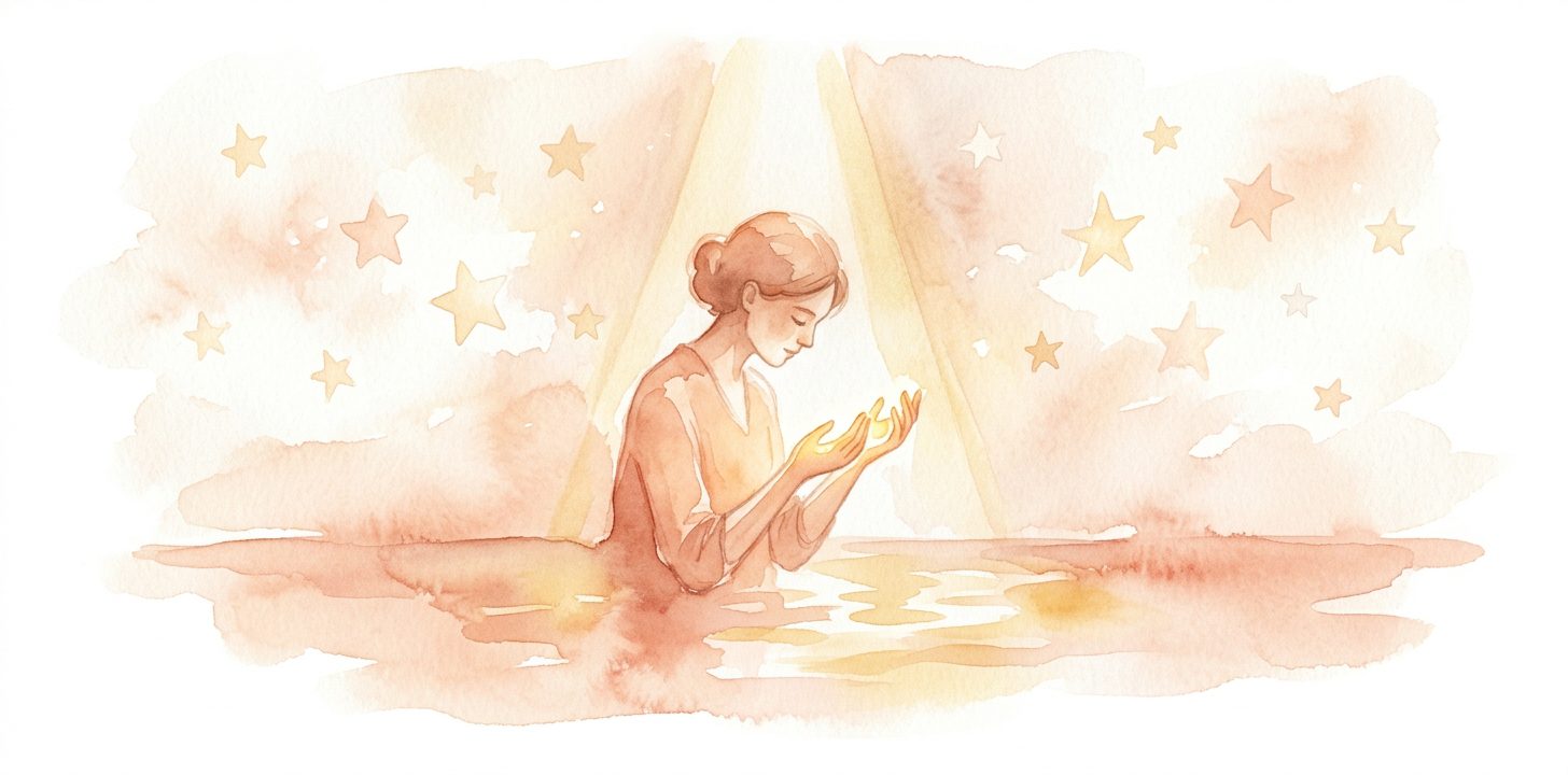 Figure in a dream under a golden spotlight gazing at their own glowing hands as soft stars drift around them