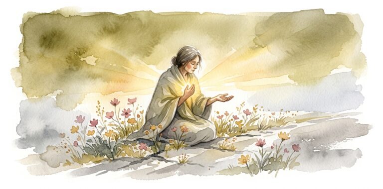 Figure in a dream sitting by a road with golden light radiating from their chest and wildflowers blooming through the cracks