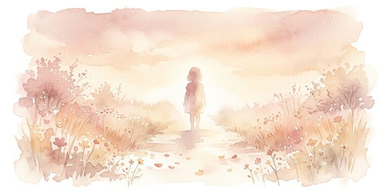 Small half-transparent figure of a child in a dream standing far away on a quiet garden path bathed in soft warm haze