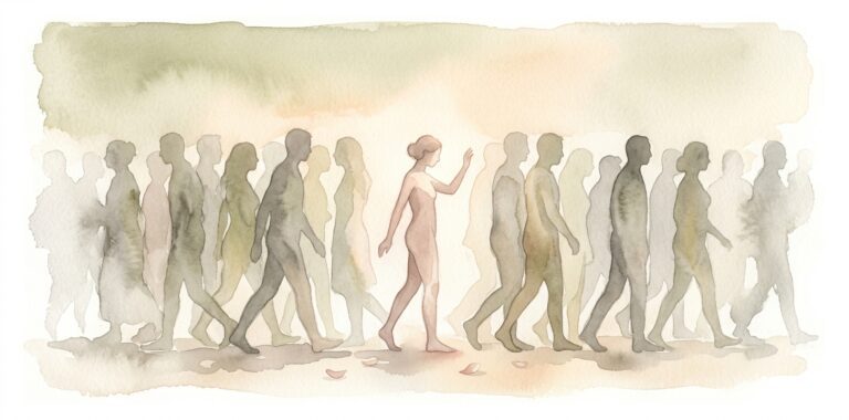 Flowing stream of human silhouettes in a dream with a single softer figure stepping sideways and lifting one arm