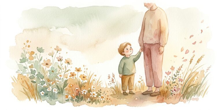 Small dwarf in a dream tugging gently at a tall adult's sleeve and looking up with patient eyes among wildflowers