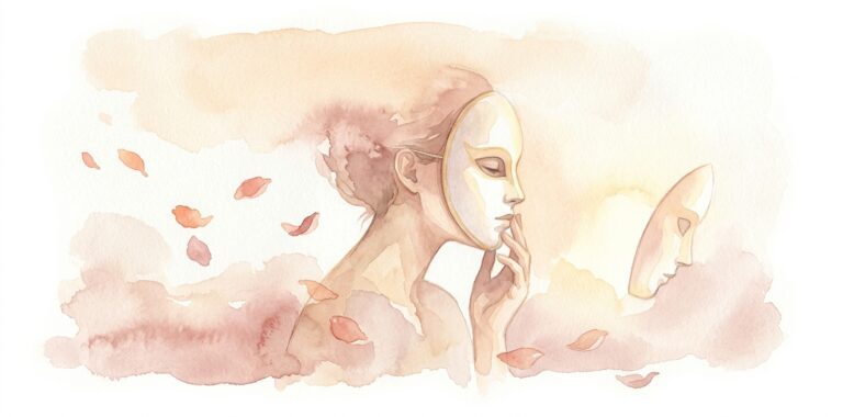 Profile figure in a dream wearing a smooth pale mask with one hand raised gently toward its edge as petals drift around