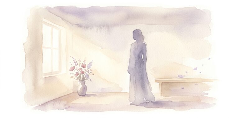 Faceless silhouette in a dream standing quietly in a softly lit room near a small vase of wildflowers by the window