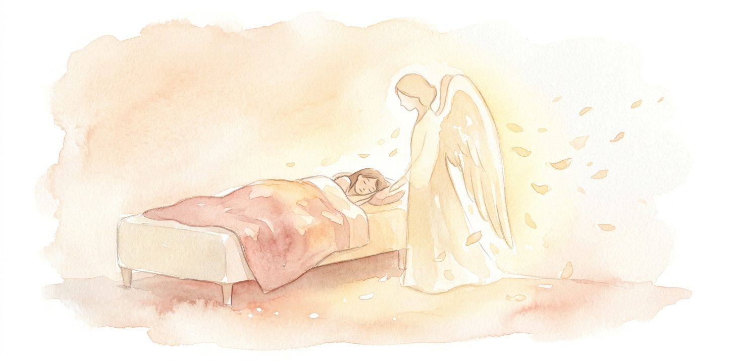 Ángel luminoso en un sueño parado con ternura junto a una figura dormida con alas plegadas de luz suave que brilla en la habitación